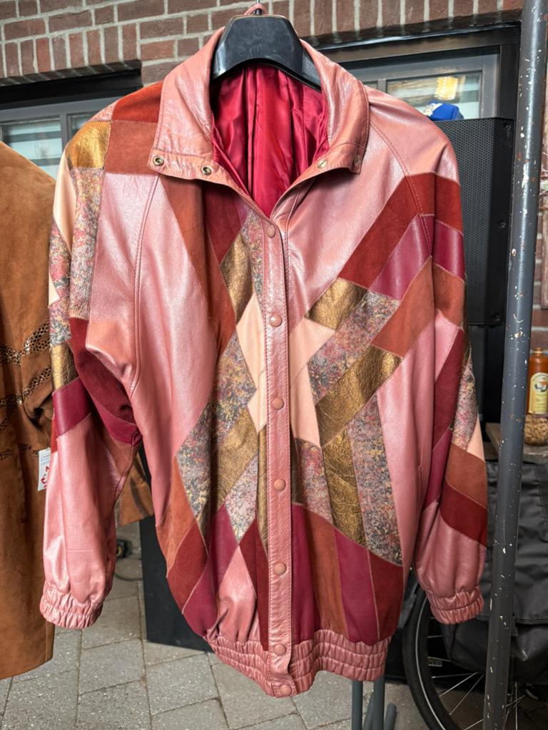 Vintage Leren Patchwork Bomberjack, Roze/Rood Tinten -Maat M, Ophalen of Verzenden, Nieuw, Maat 38/40 (M), Zwart