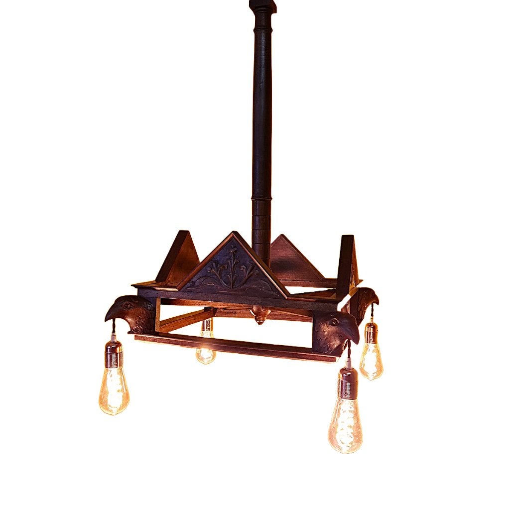Franse Houten Hanglamp met Adelaarskoppen van rond 1900, Ophalen