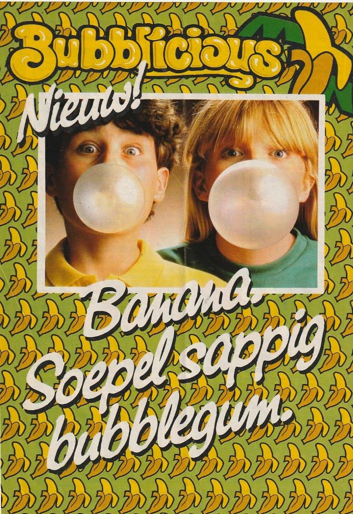 Retro reclame 1982 Bubblicious kauwgum met bananesmaak, Verzenden, Overige typen