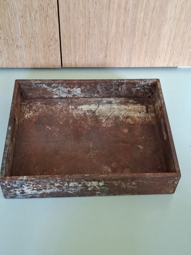 Vintage metalen krat kist dienblad plantenbak industrieel, Overige houtsoorten, Minder dan 50 cm, Gebruikt, 50 tot 100 cm