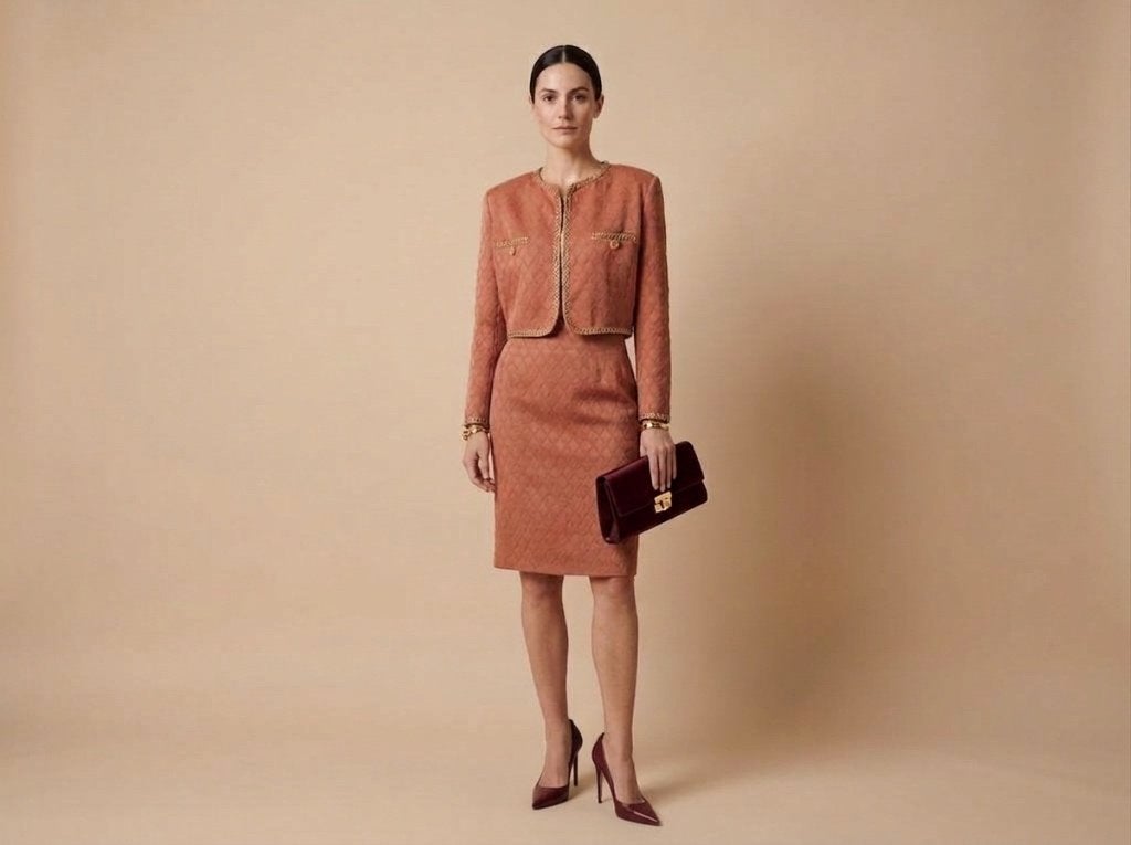 Max Mara Pianoforte spectaculair mantelpakje zalm rosé goud, Maat 38/40 (M), Kostuum of Pak, Overige kleuren, Verzenden