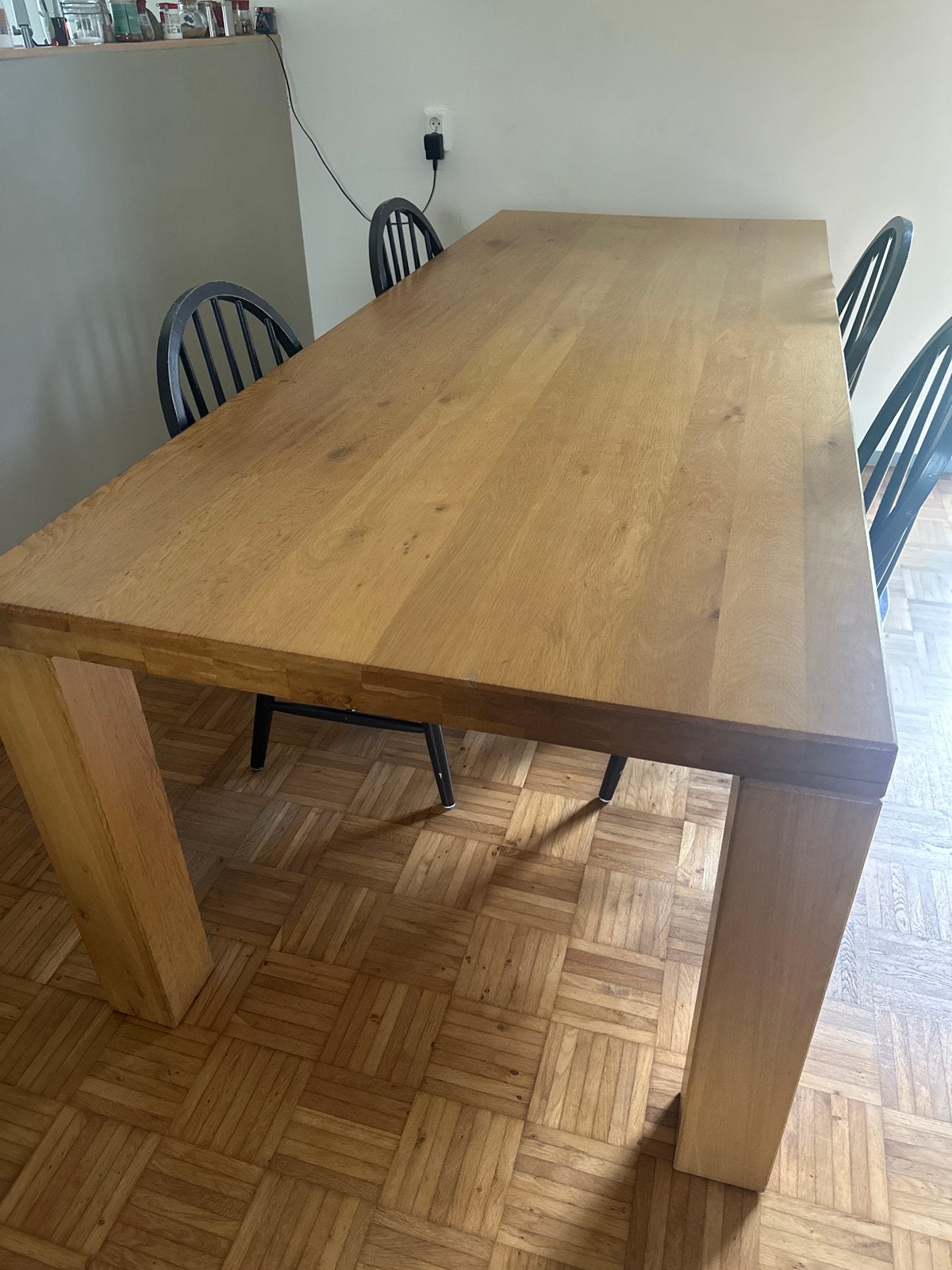 Massief eikenhouten eettafel 238x97,5cm, Ophalen, Gebruikt, Eikenhout, 200 cm of meer