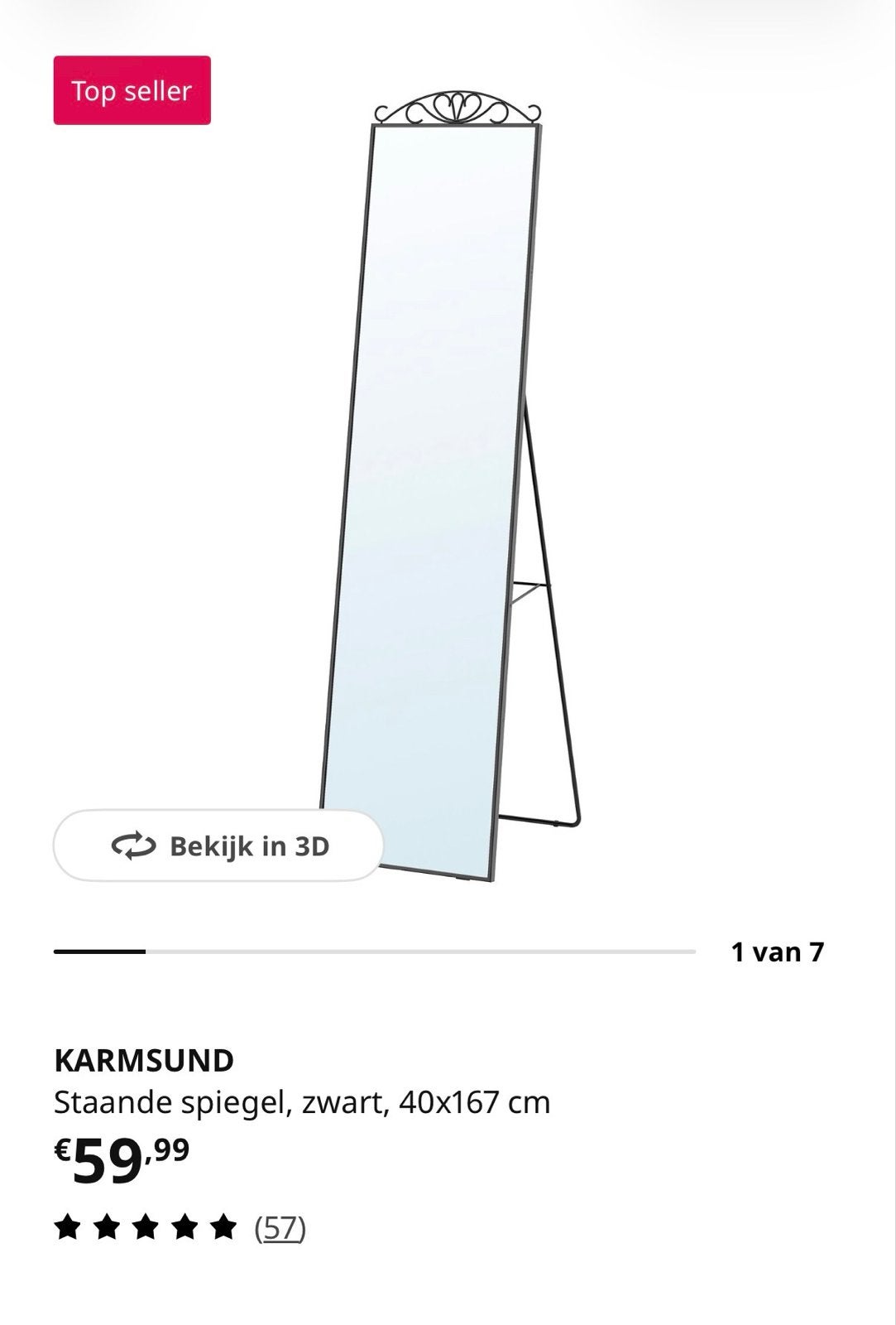 Ikea KARMSUND Staande spiegel, zwart, 40x167 cm, Huis en Inrichting, Minder dan 50 cm, Gebruikt, Ophalen of Verzenden, 150 tot 200 cm
