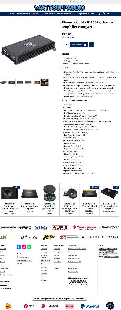 Phoenix Gold ZR12005 5 kanaals versterker, Auto diversen, Autospeakers, Hifi-Focus, Aalsmeerderweg 173 1432 CL, Aalsmeer, Nieuw