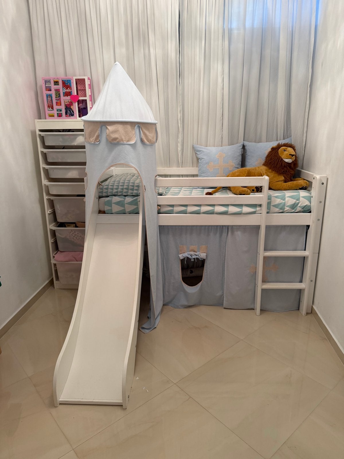 Hoppekids Halfhoogslaper met glijbaan en speeltent, Ophalen, Gebruikt, Eenpersoons, 160 tot 180 cm