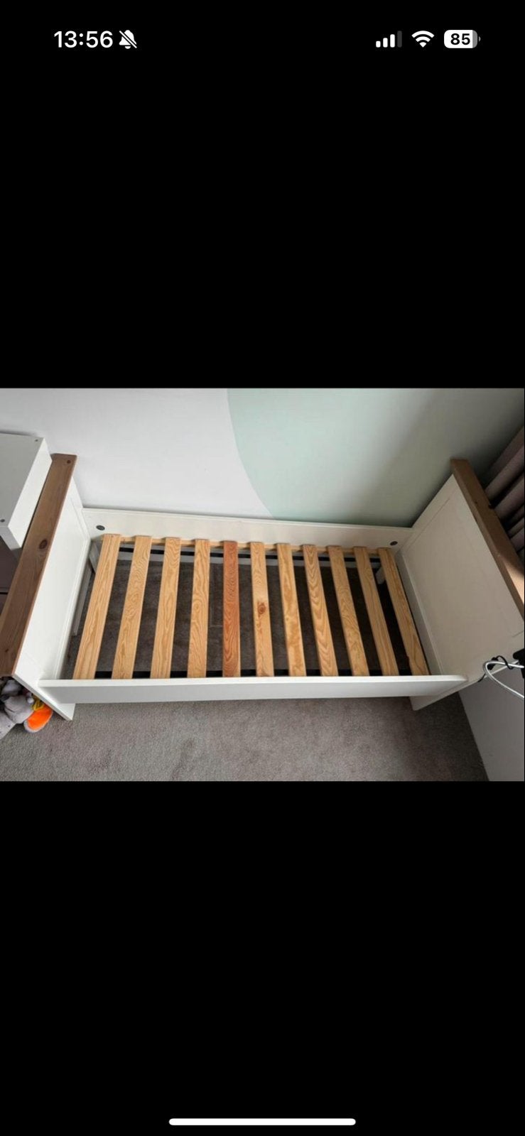 Juniorbed met lattenbodem - Wit/Hout, Ophalen, Gebruikt, 70 tot 85 cm, Lattenbodem