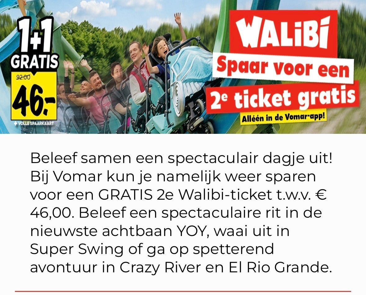 Tweede kaartje gratis bij Walibi (Vomar-actie), Eén persoon, Kortingskaart