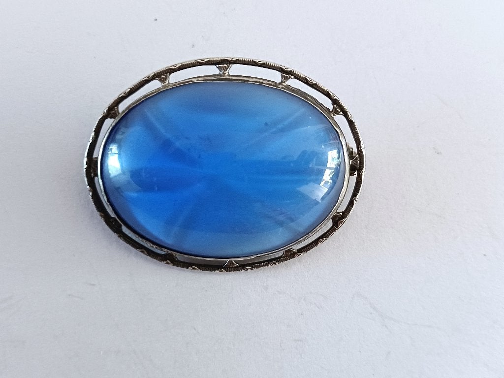 Grote sterling zilver broche met blauwe steen, 4 tot 7 cm, Gebruikt, Ophalen of Verzenden, Met edelsteen