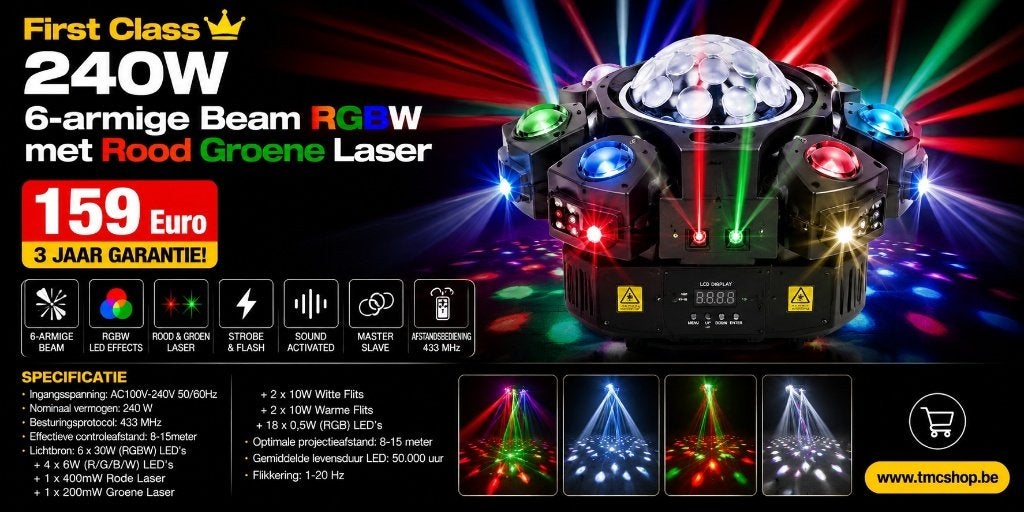 First Class 240W 6-armige Beam RGBW met Rood Groene Laser, Ophalen of Verzenden, Nieuw, Complete set