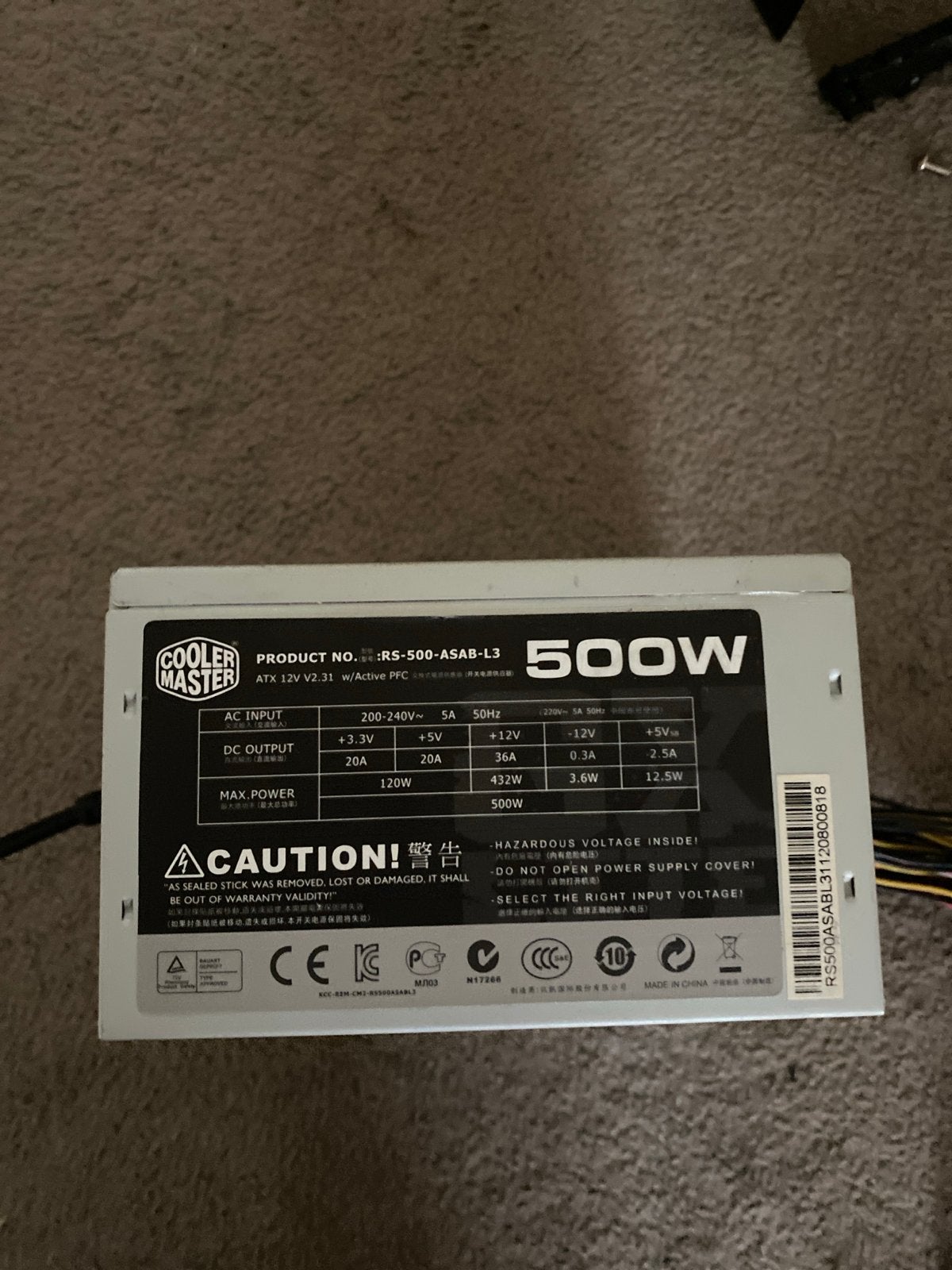 Cooler Master RS-500-ASAB-L3 500W Voeding, Computers en Software, Ophalen of Verzenden, Gebruikt