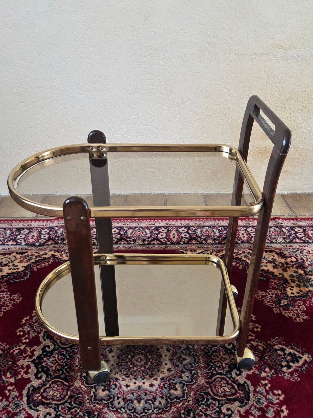 Vintage serveerwagen met glas en messing, Ophalen, Gebruikt, 55 tot 75 cm, Vintage, Retro, Klassiek