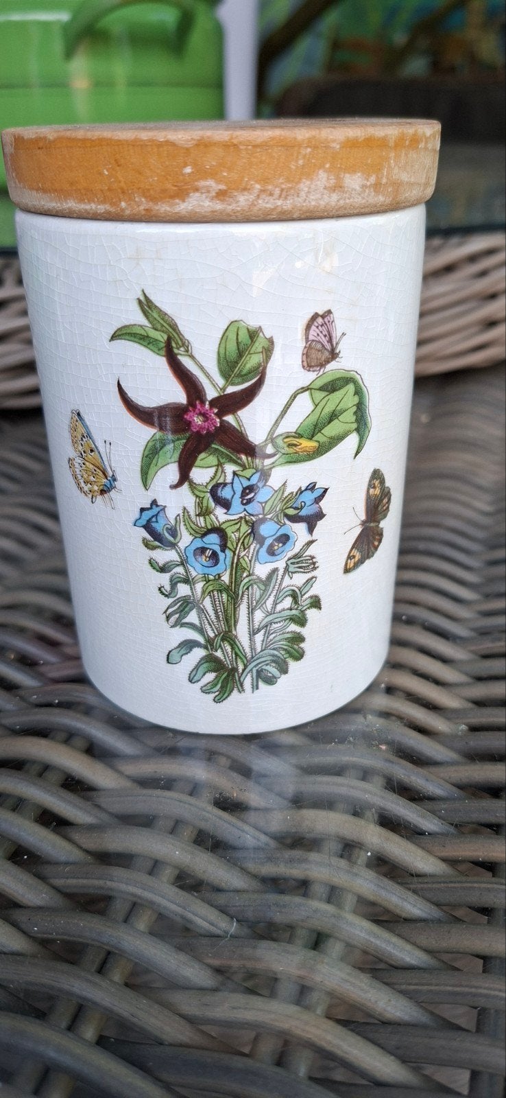 Portmeirion The Botanic Garden voorraadpot met houten deksel, Gebruikt, Ophalen of Verzenden, Voorraadpot, Steen/keramiek