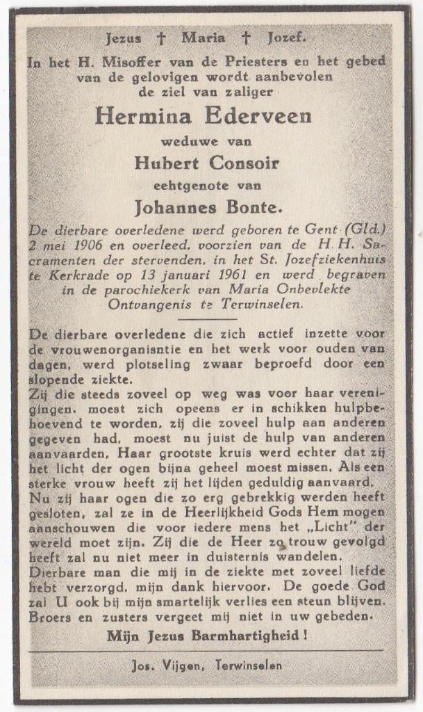 Hermina Ederveen 1906 Gent (Gld.) + 1961 Kerkrade, 54 jaar, Verzenden
