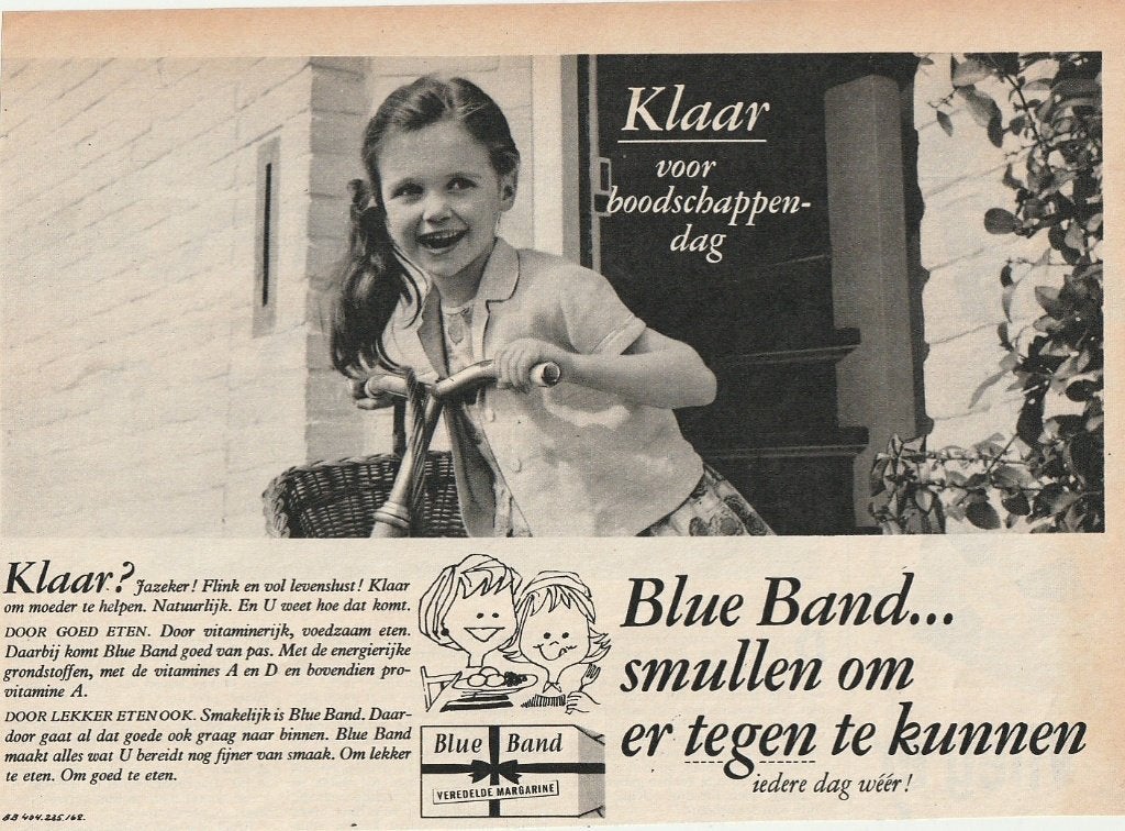 retro reclame 1962 Blue Band meisje met kinderfietsje, Verzamelen, Retro, Verzenden, Overige typen
