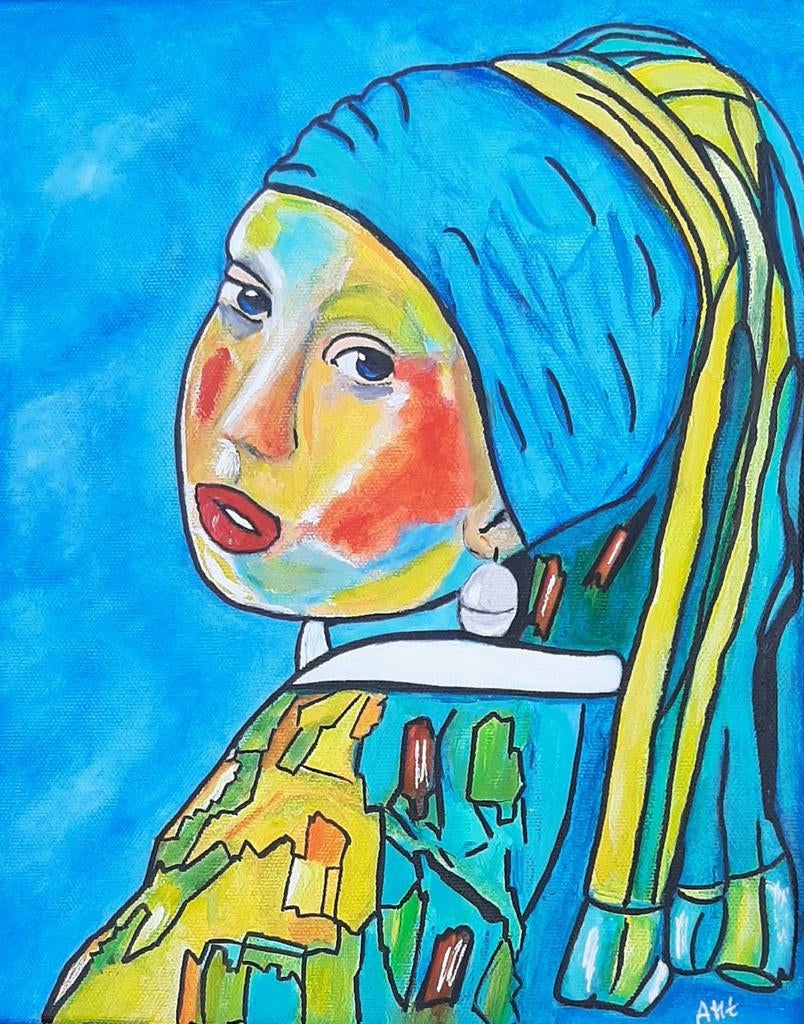 Schilderij Het meisje met de parel jn kleurrijk acryl canvas, Antiek en Kunst, Kunst | Schilderijen | Modern, Ophalen of Verzenden
