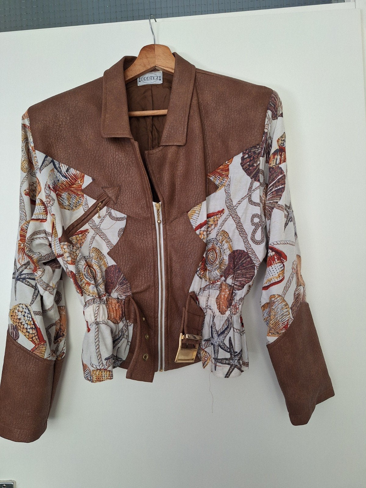 Vintage Prestige jasje met schelpenprint en leerlook, Maat 38/40 (M), Bruin, Prestige, Ophalen of Verzenden