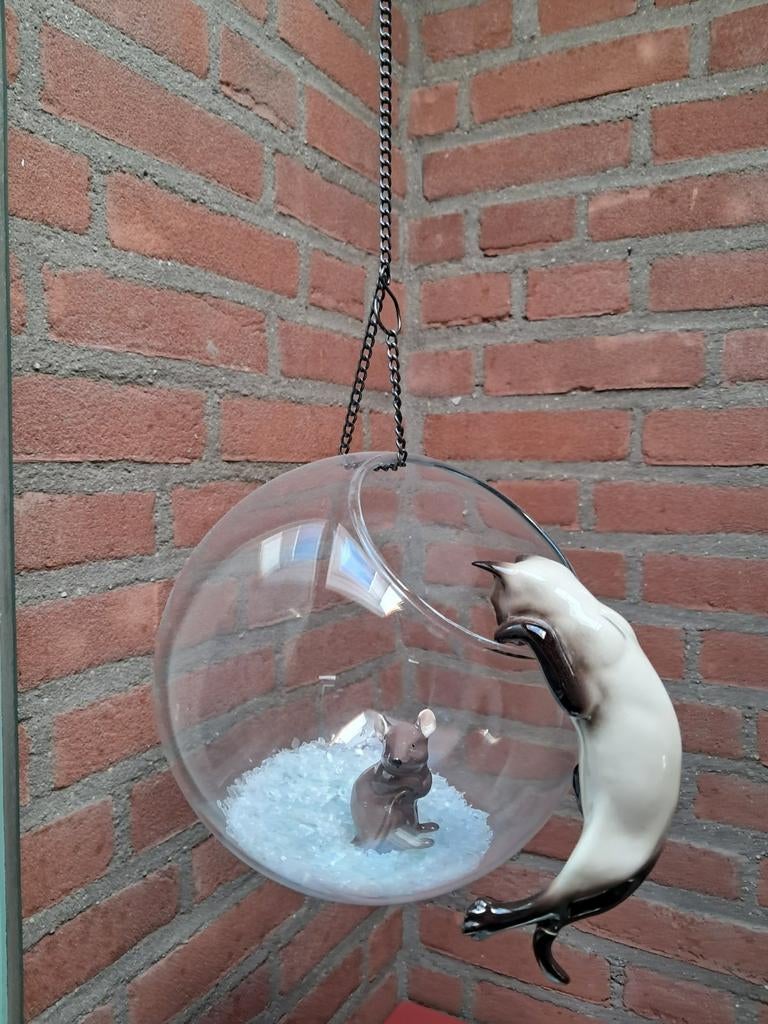 Poes en muis beeldje met glazen kom (24 cm), Ophalen of Verzenden, Zo goed als nieuw, Dier