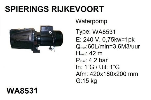 Waterpomp 0,75kw / 1pk 230V  3,6 m3/uur 4,2 bar Spierings, Niet ingevuld, Niet ingevuld, Nieuw, Ophalen of Verzenden