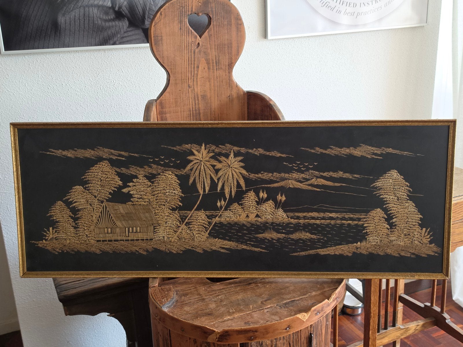 Vintage rietkunst schilderij tropisch landschap, Ophalen
