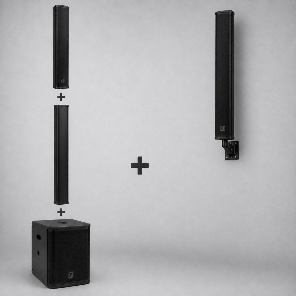 Audiophony iLINE PA-set 1400W + wandkolom en bekabeling, Audio, Tv en Foto, Luidsprekers, Subwoofer, Zo goed als nieuw, Inclusief standaarden