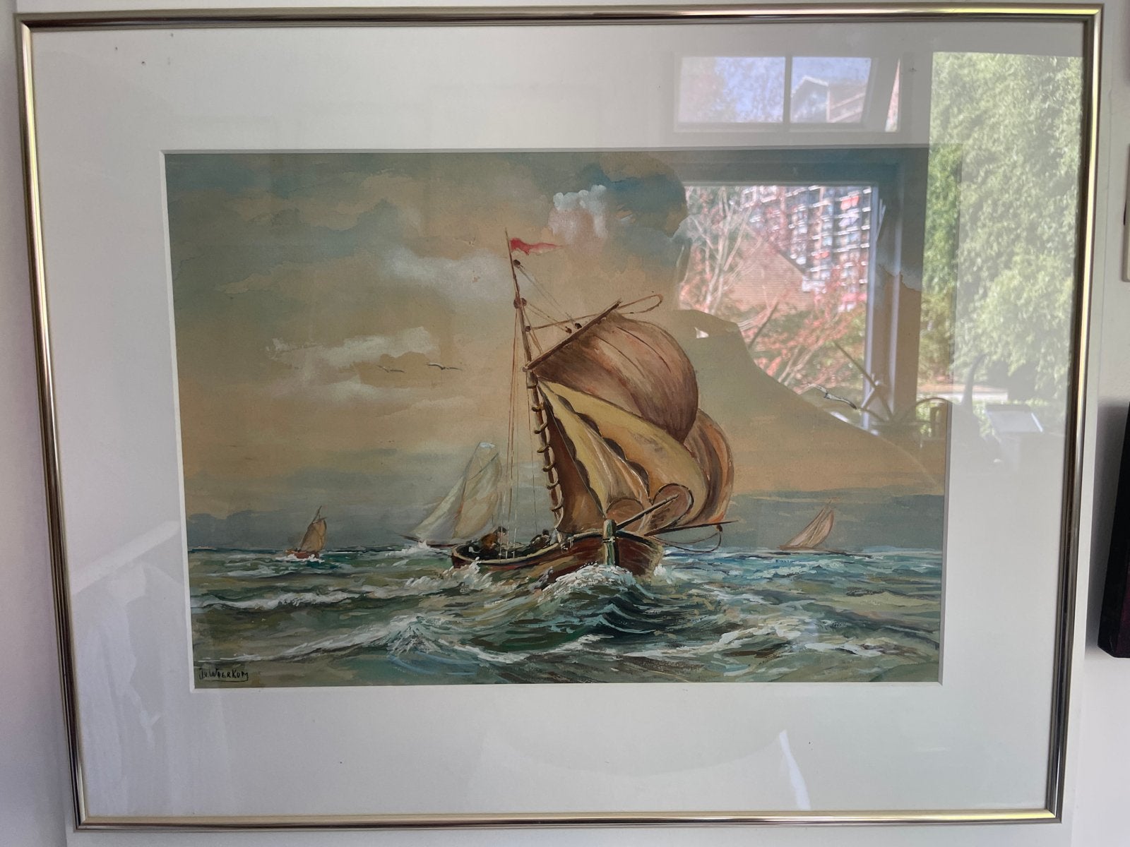 Gesigneerd Aquarel: Golvende Zee door J.W. Woerkom, Antiek en Kunst, Kunst | Schilderijen | Klassiek, Maritiem / water, Realistisch