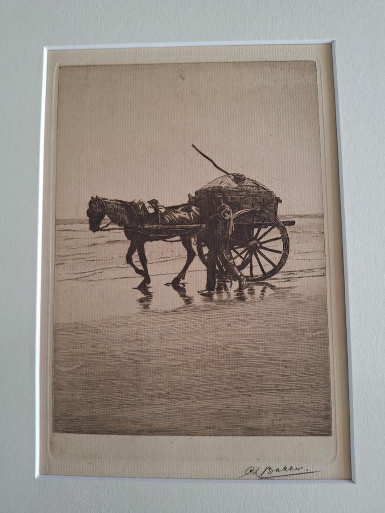 Ets Schelpenvisser met paard en kar door Ch Bakker, Dagelijks leven, Ets, Ophalen of Verzenden, Gesigneerd