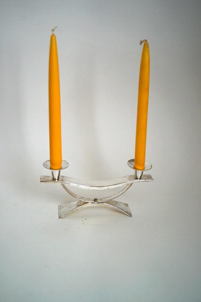 mid century verzilverde kandelaar metaal twee kaars vintage, Gebruikt, Overige kleuren, Ophalen of Verzenden, Metaal