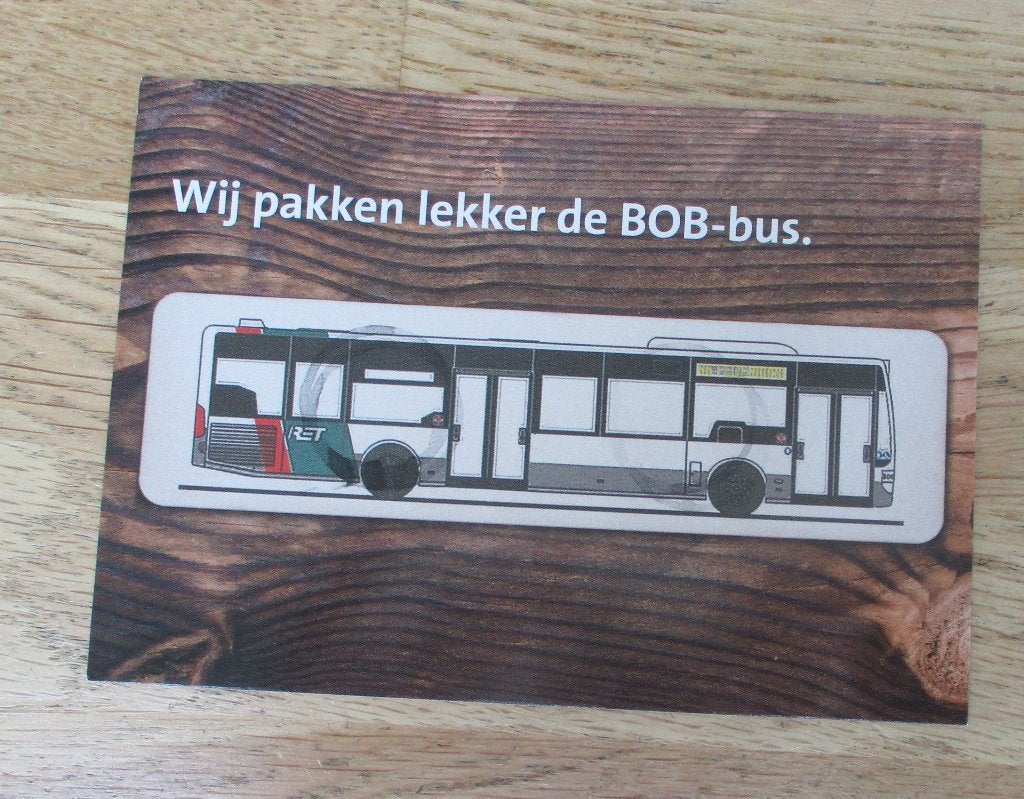 Reclamekaart RET Wij pakken de BOB-bus busvervoer autobus, Ophalen of Verzenden, Bus of Metro, Kaart of Prent