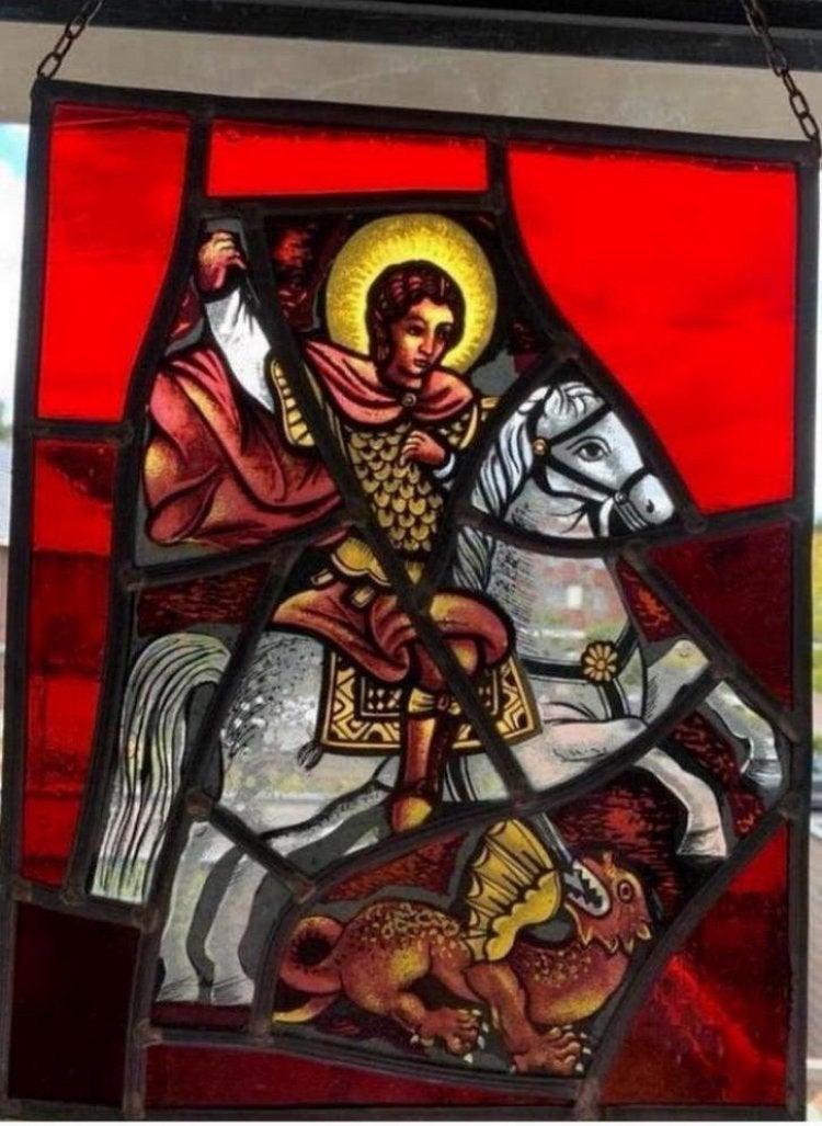 St Joris en de Draak - glas-in-lood raamhanger - afm 30x20cm, Doe-het-zelf en Verbouw, Glas en Ramen, Ophalen of Verzenden, Zo goed als nieuw