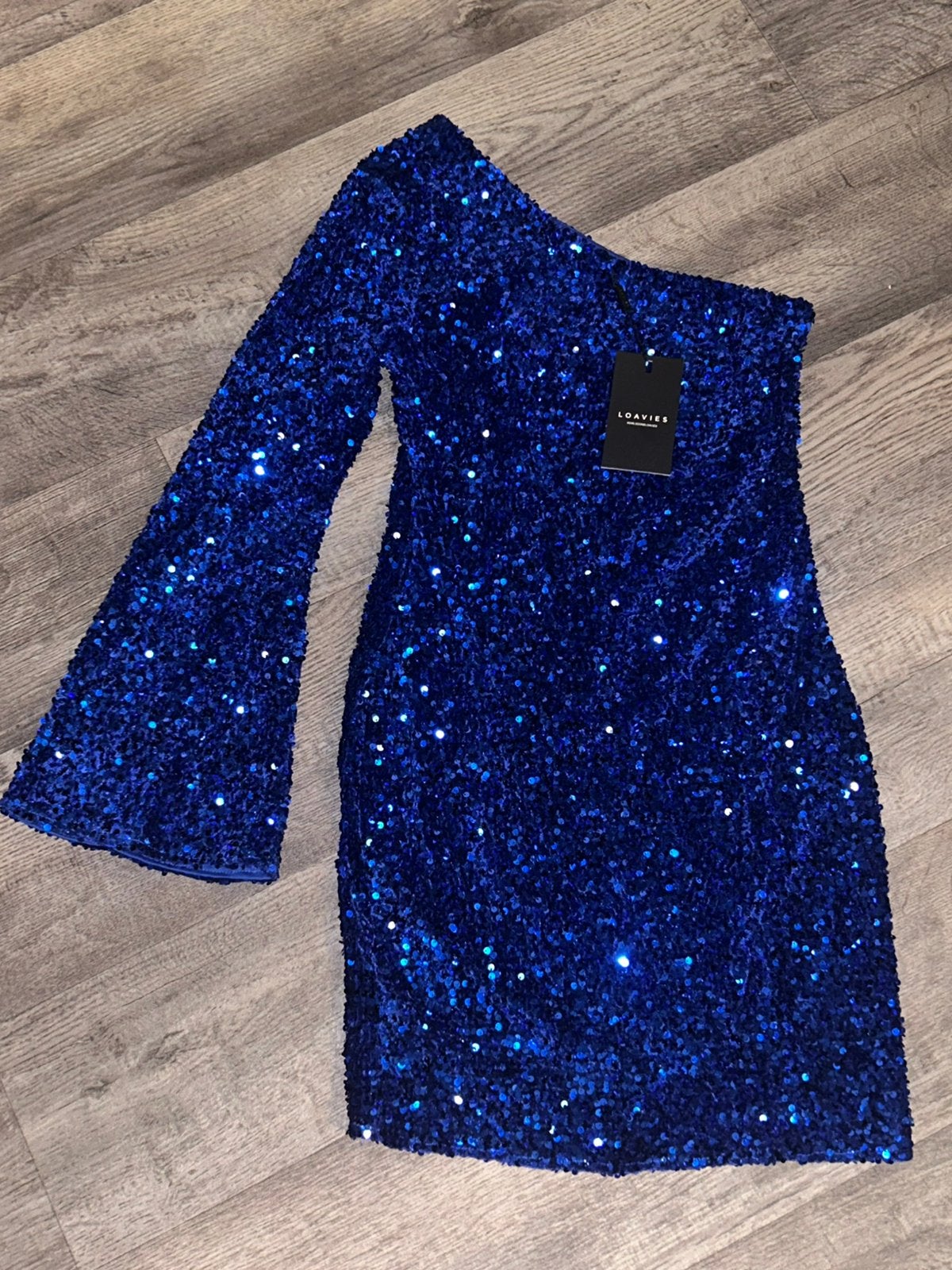 Loavies off shoulder jurk blauw glitter, maat L, Blauw, Maat 42/44 (L), Nieuw, Ophalen of Verzenden