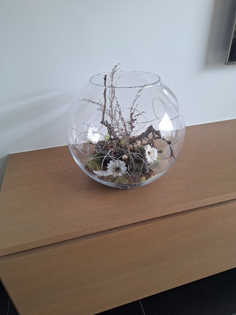 Glazen bolvaas met zijde bloemen en natuurlijke takken, Ophalen, Inclusief decoratie, Transparant, 30 cm