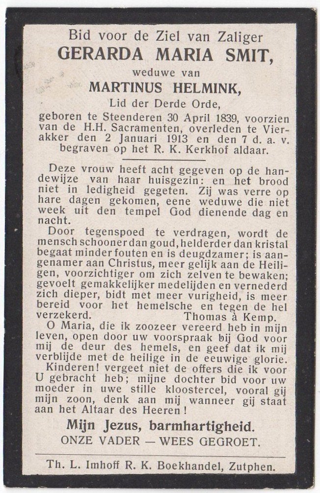 Gerarda M. Smit 1839 Steenderen + 1913 Vierakker, 73 jaar, Verzenden