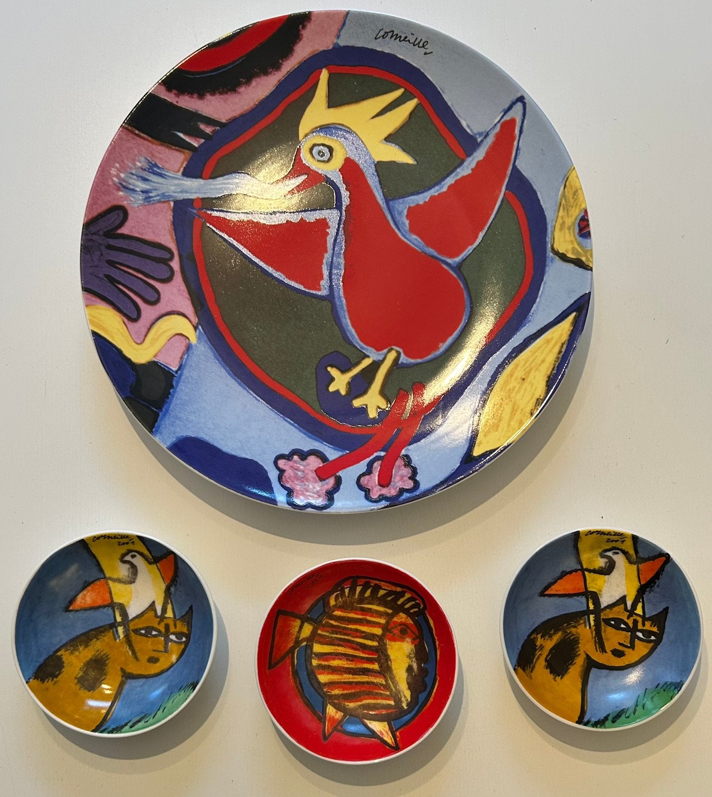 Corneille: Groot bord Vuurvogel + 3 bijpassende schaaltjes, Porselein of Keramiek, Schaal, Rond, Ophalen of Verzenden