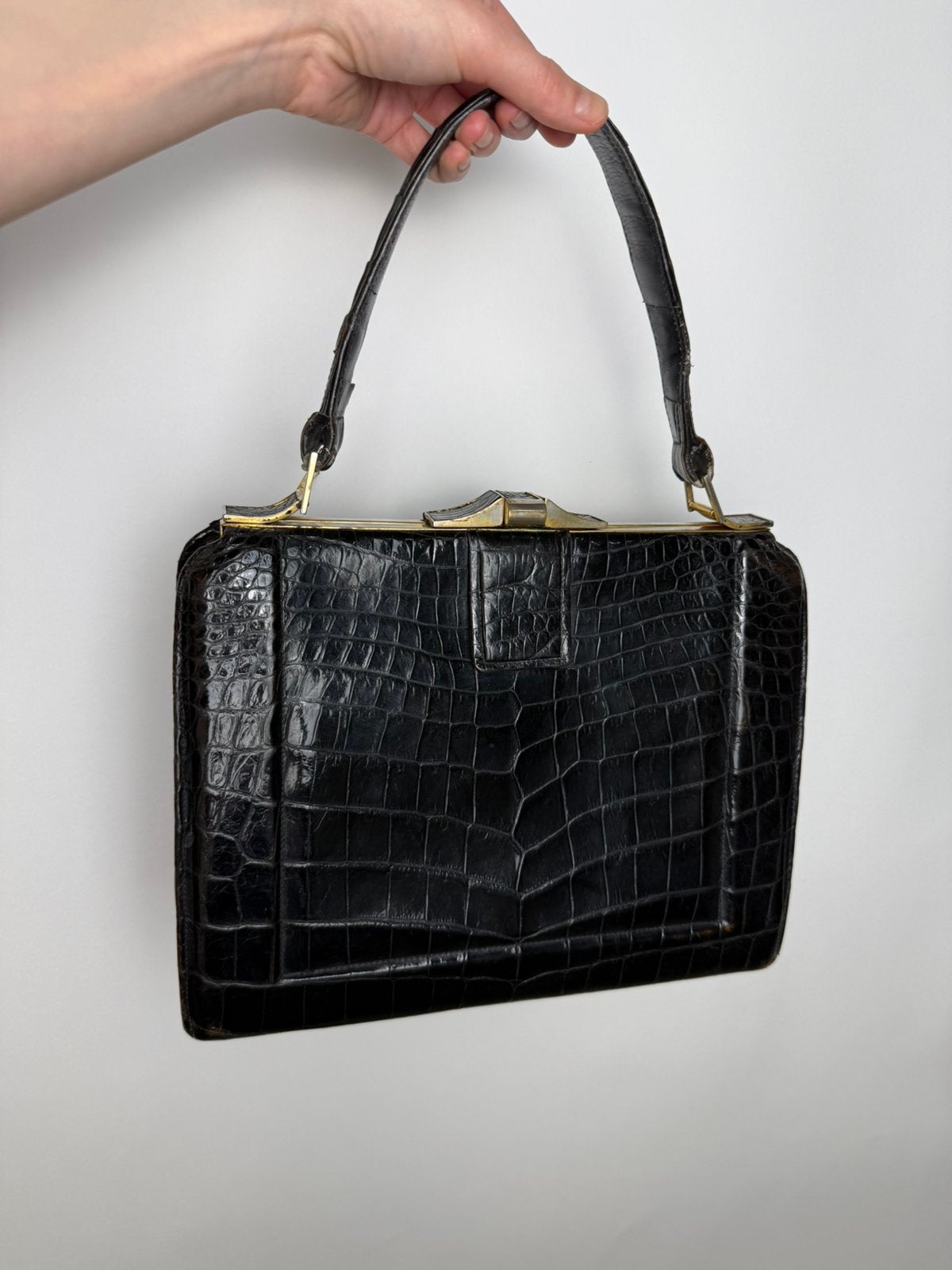 Vintage tas handtas krokodillen leer, Verzenden, Gebruikt, Zwart, Handtas