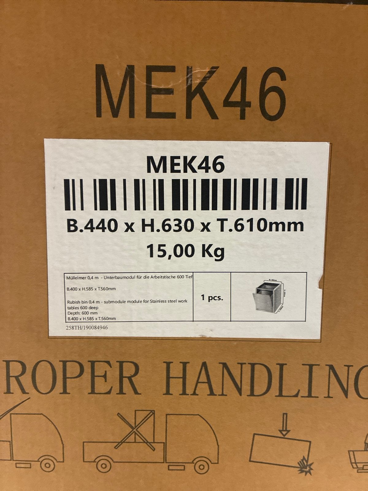 MEK46 Inbouw Afvalbak RVS voor Werktafel, Ophalen, 50 – 75, Nieuw, 40 liter of meer