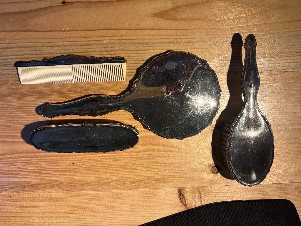 Antieke verzilverde borstels, kam en spiegel, Antiek en Kunst, Ophalen of Verzenden