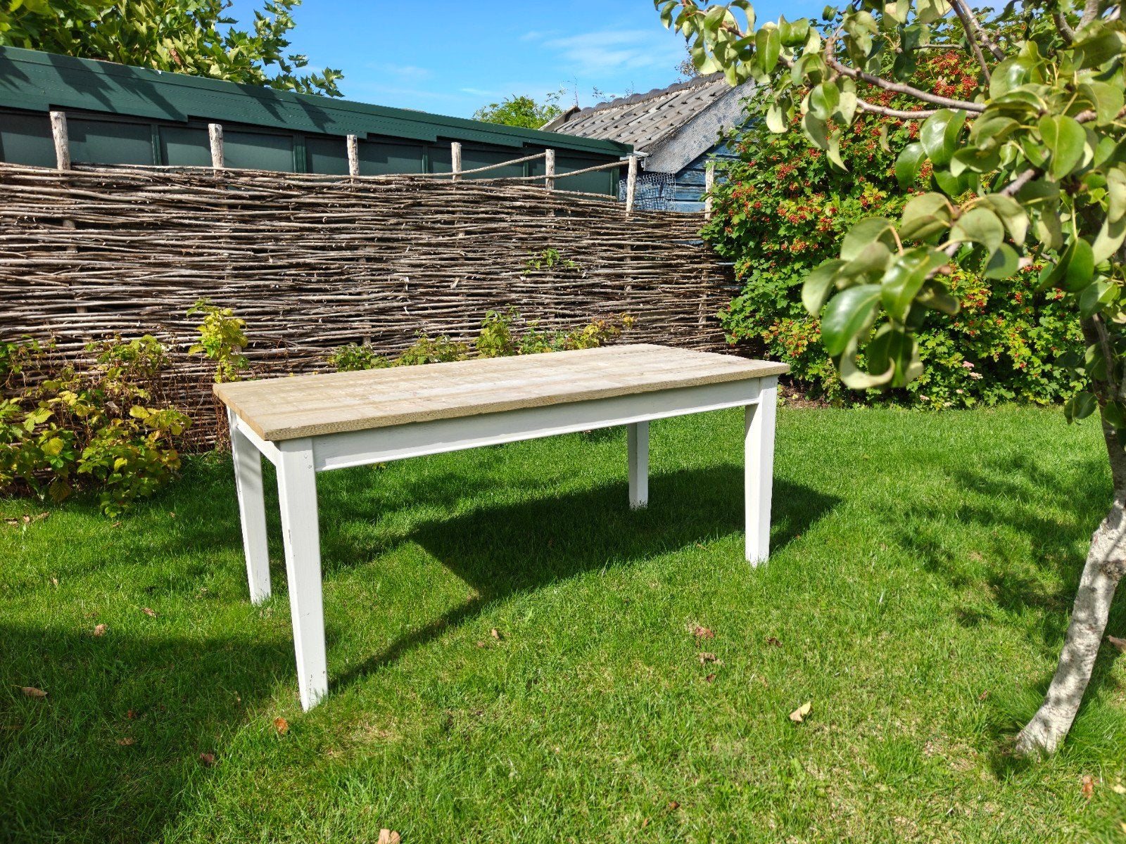 Tafel - wit onderstel met steigerhout, Ophalen, Gebruikt, 50 tot 100 cm, Vijf personen of meer