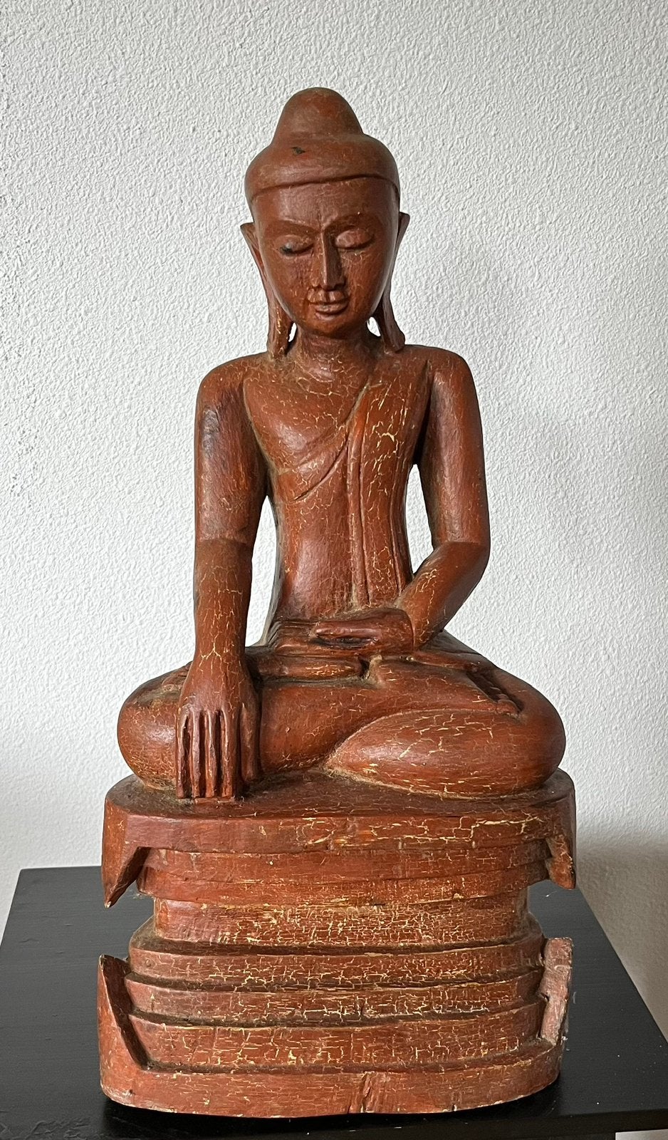 Houten Birmese Boeddha (Shan-stijl) met Certificaat, Ophalen, Zo goed als nieuw, Hout, Houtsnijwerk