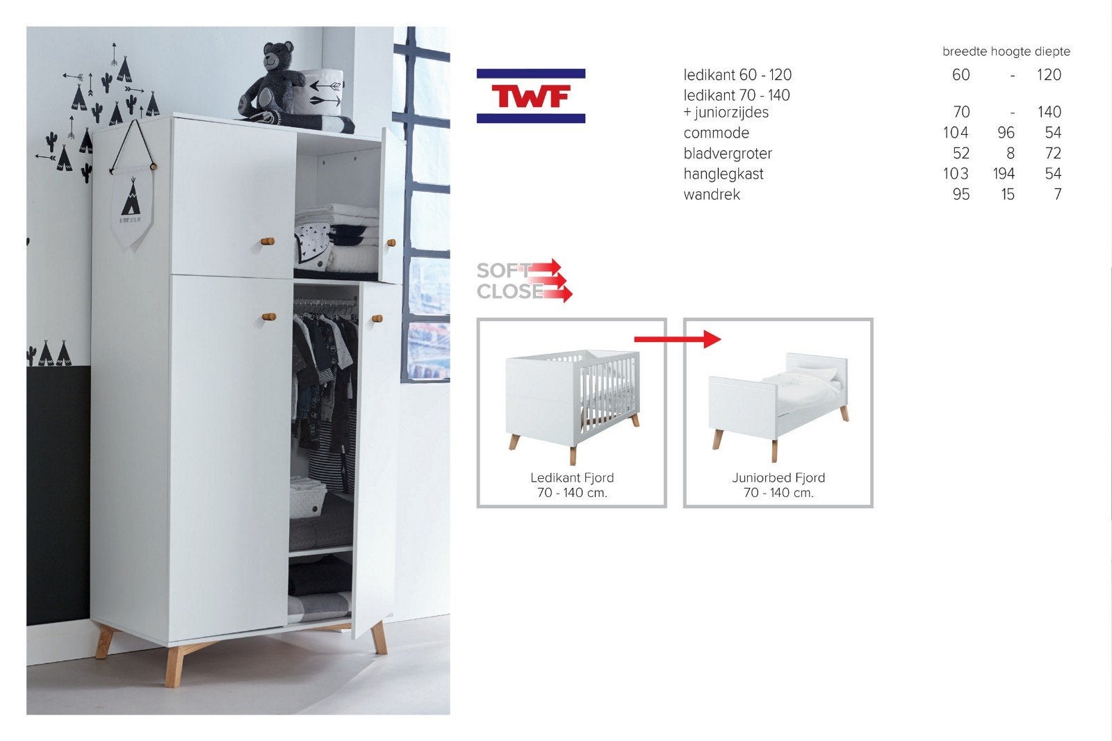 TWF Fjord Kledingkast & Ledikant/Peuterbed met Aerosleep, Ophalen, Gebruikt, Kast, 50 tot 70 cm