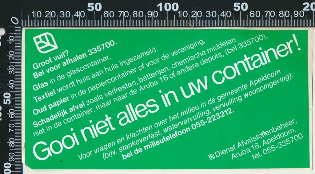 Sticker: Dienst Afvalstoffenbeheer Apeldoorn, Verzamelen, Stickers, Ophalen of Verzenden, Zo goed als nieuw, Bedrijf of Vereniging