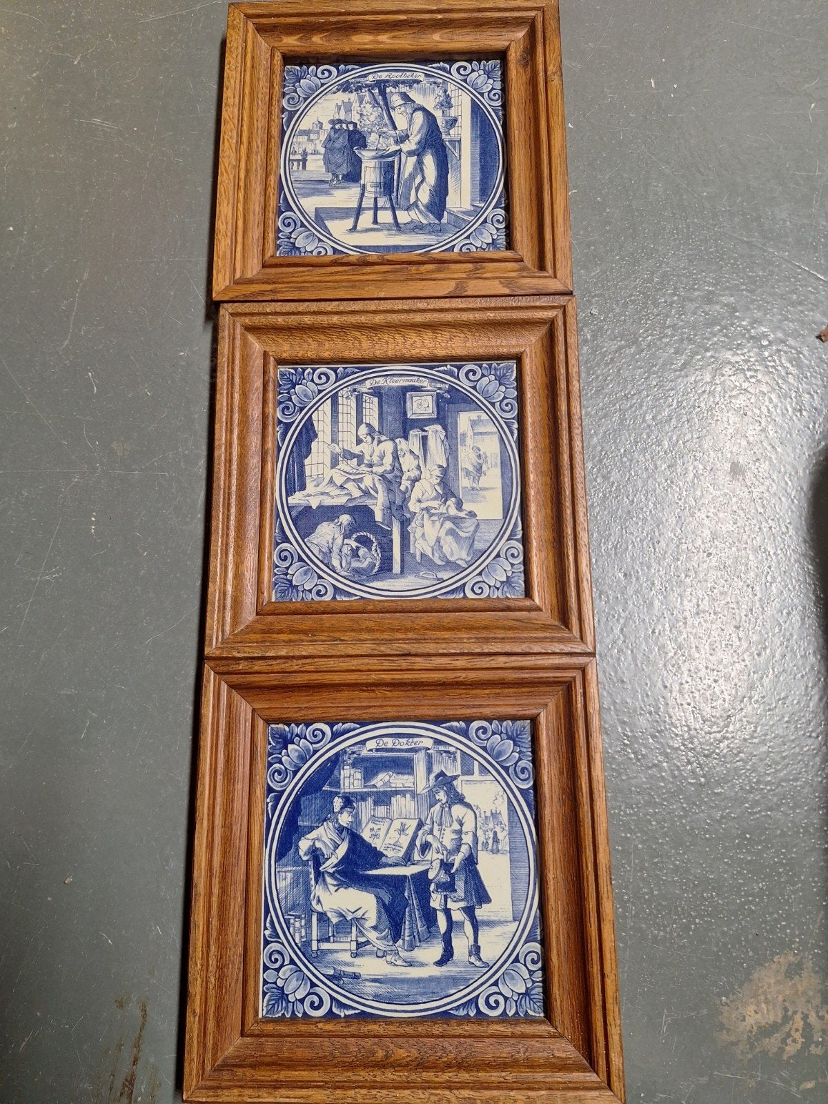 Set van 3 Delfts Blauwe Tegels in Houten Lijst, Antiek en Kunst, Ophalen of Verzenden