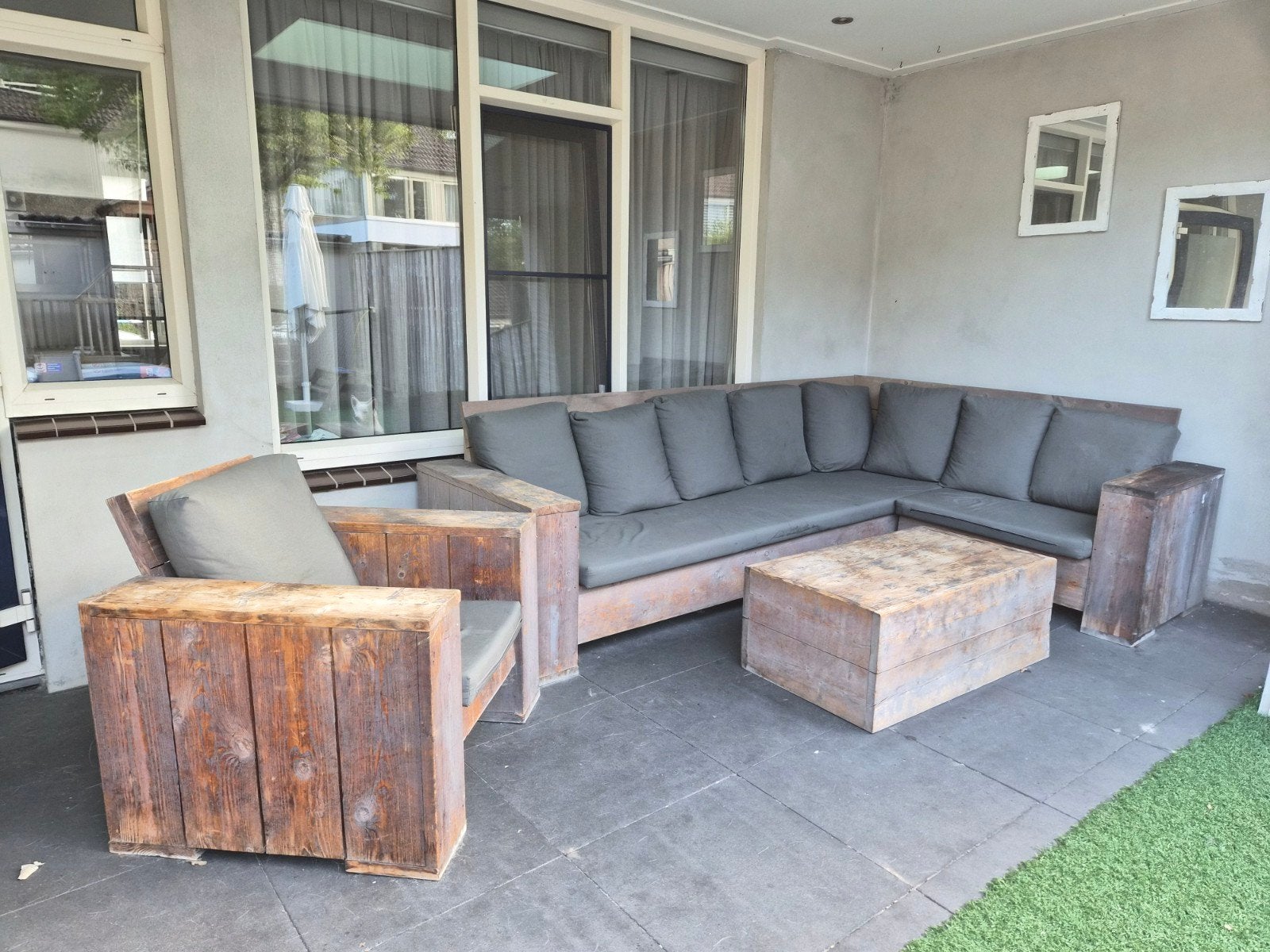 Steigerhouten Loungeset met Kussens, Ophalen, 5 zitplaatsen, Gebruikt, Steigerhout