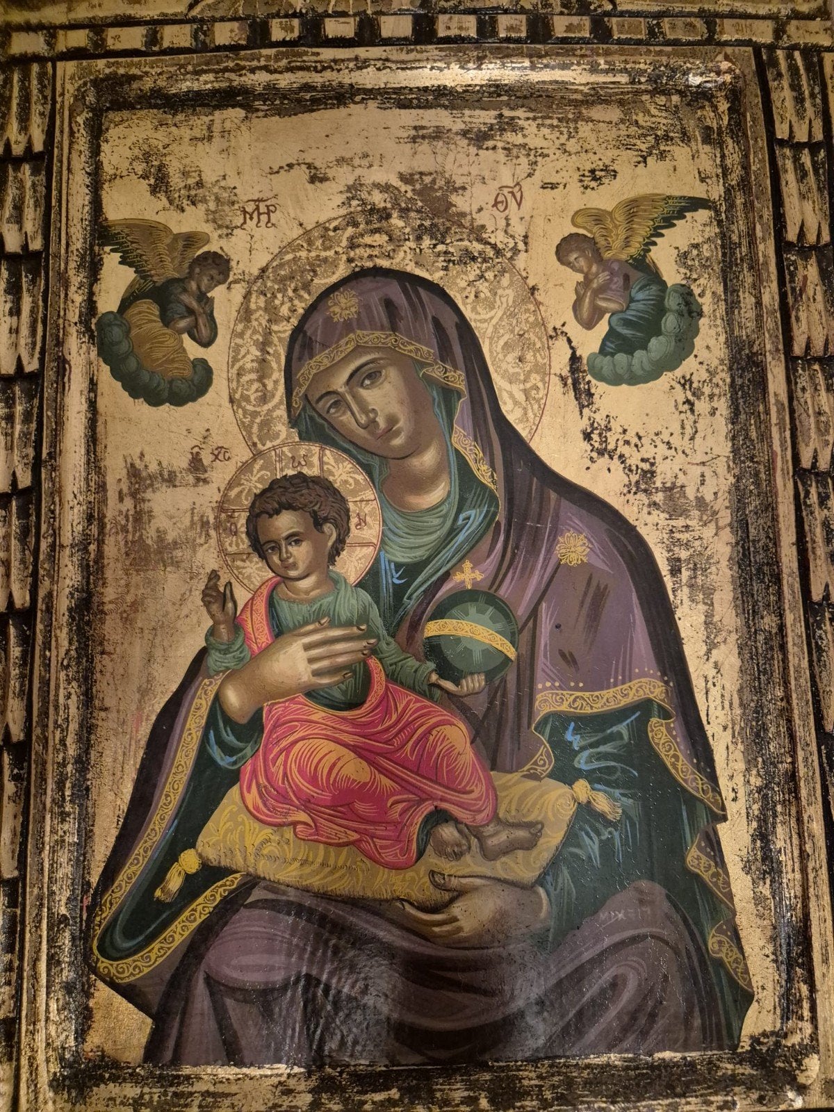 Byzantijns icoon: Maria met Jezus, handgemaakt, Berg Athos, Antiek en Kunst, Ophalen of Verzenden