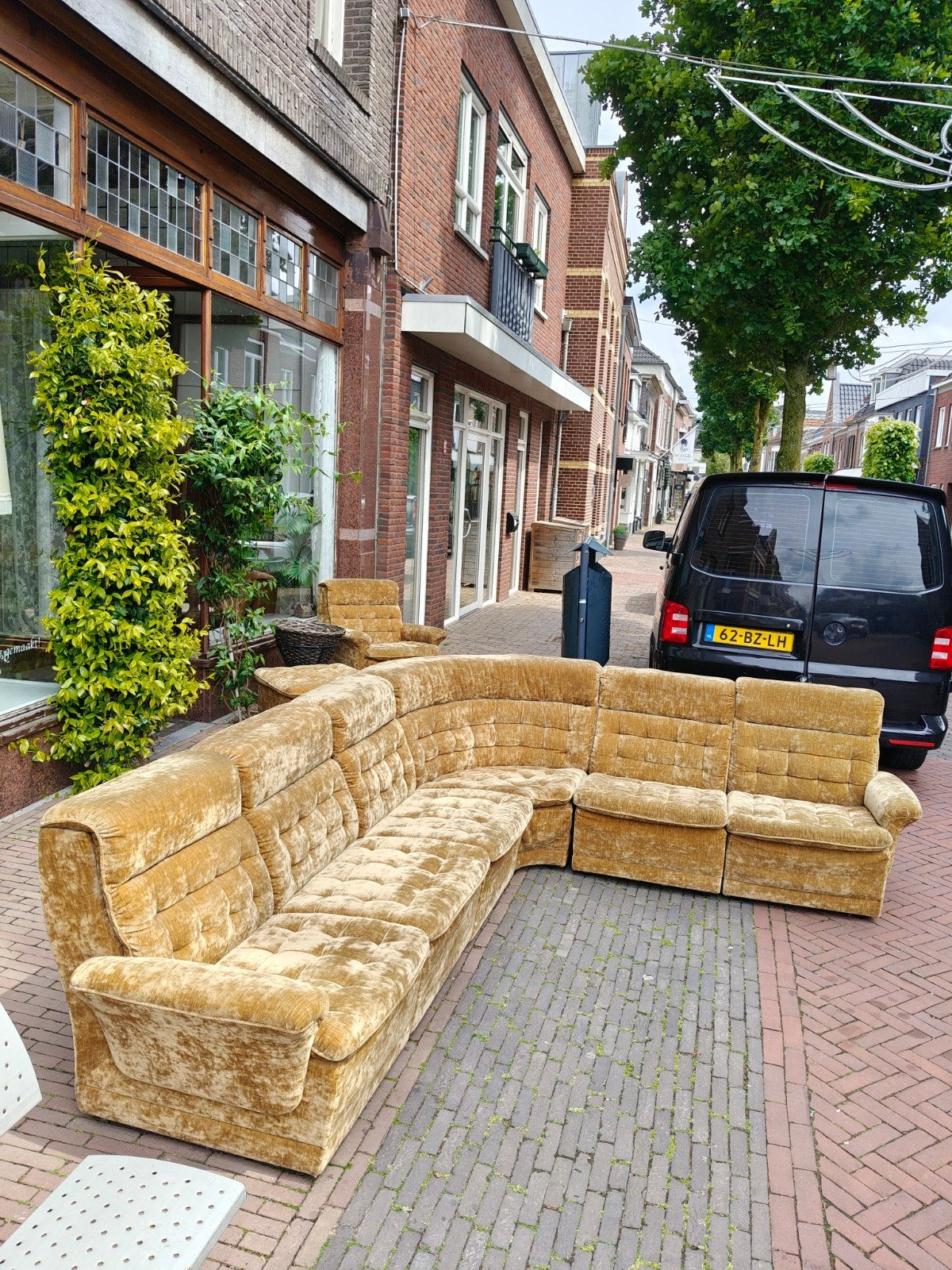 Vintage elementenbank XL geel/mosterd, Huis en Inrichting, Banken | Bankstellen, Gebruikt, Minder dan 75 cm, Stof, Hoofdstraat 70 Terborg