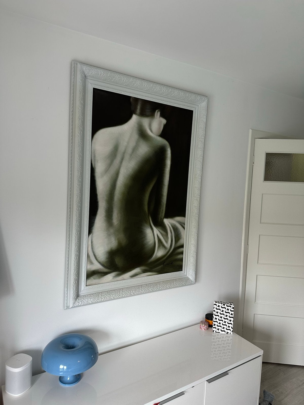 Modern schilderij: Vrouw met blote rug (zwart-wit), Figuren, Ophalen of Verzenden, Ingelijst, Olieverf