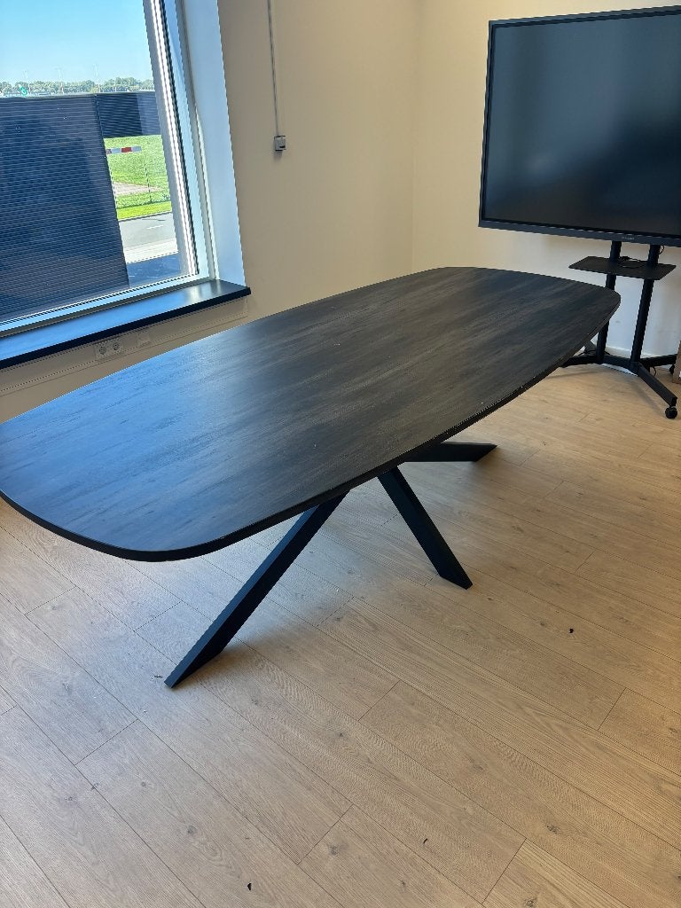 Zwarte eettafel / vergadertafel met metalen spinpoot, 100 tot 150 cm, 200 cm of meer, Ophalen of Verzenden, Vijf personen of meer