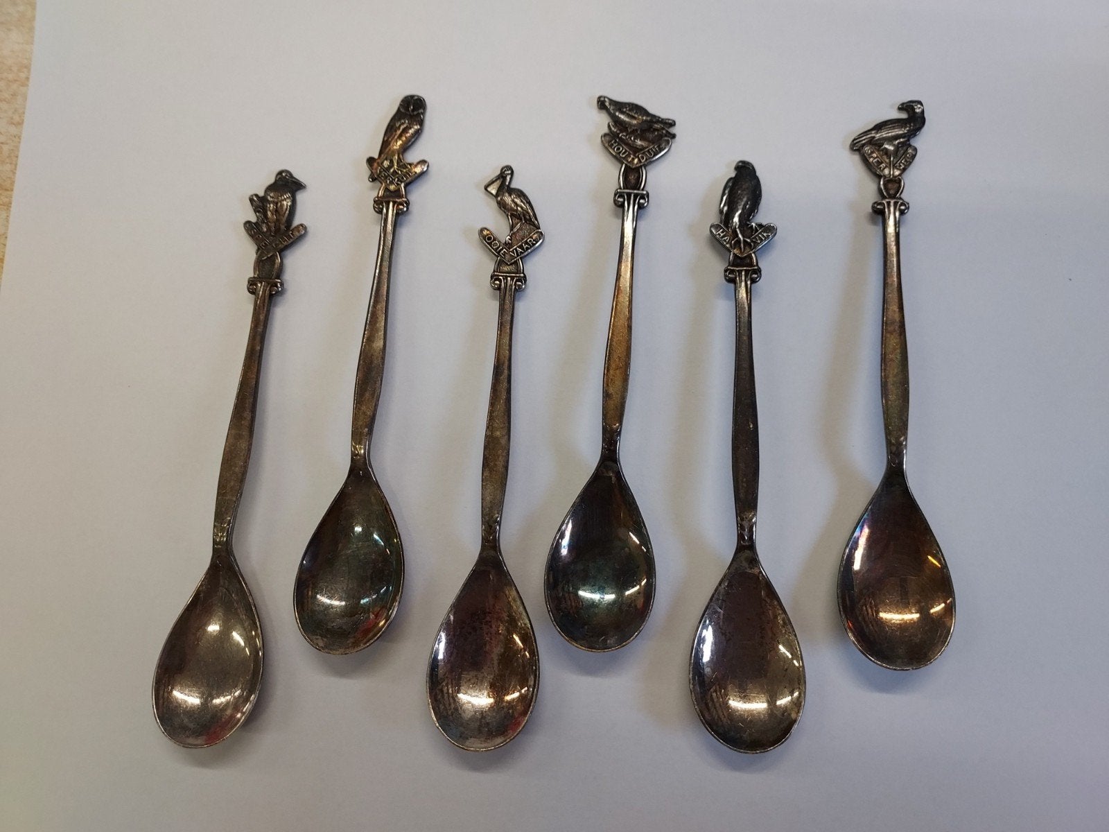 6 verzilverde lepeltjes met vogel figuren, Ophalen of Verzenden, Zilver