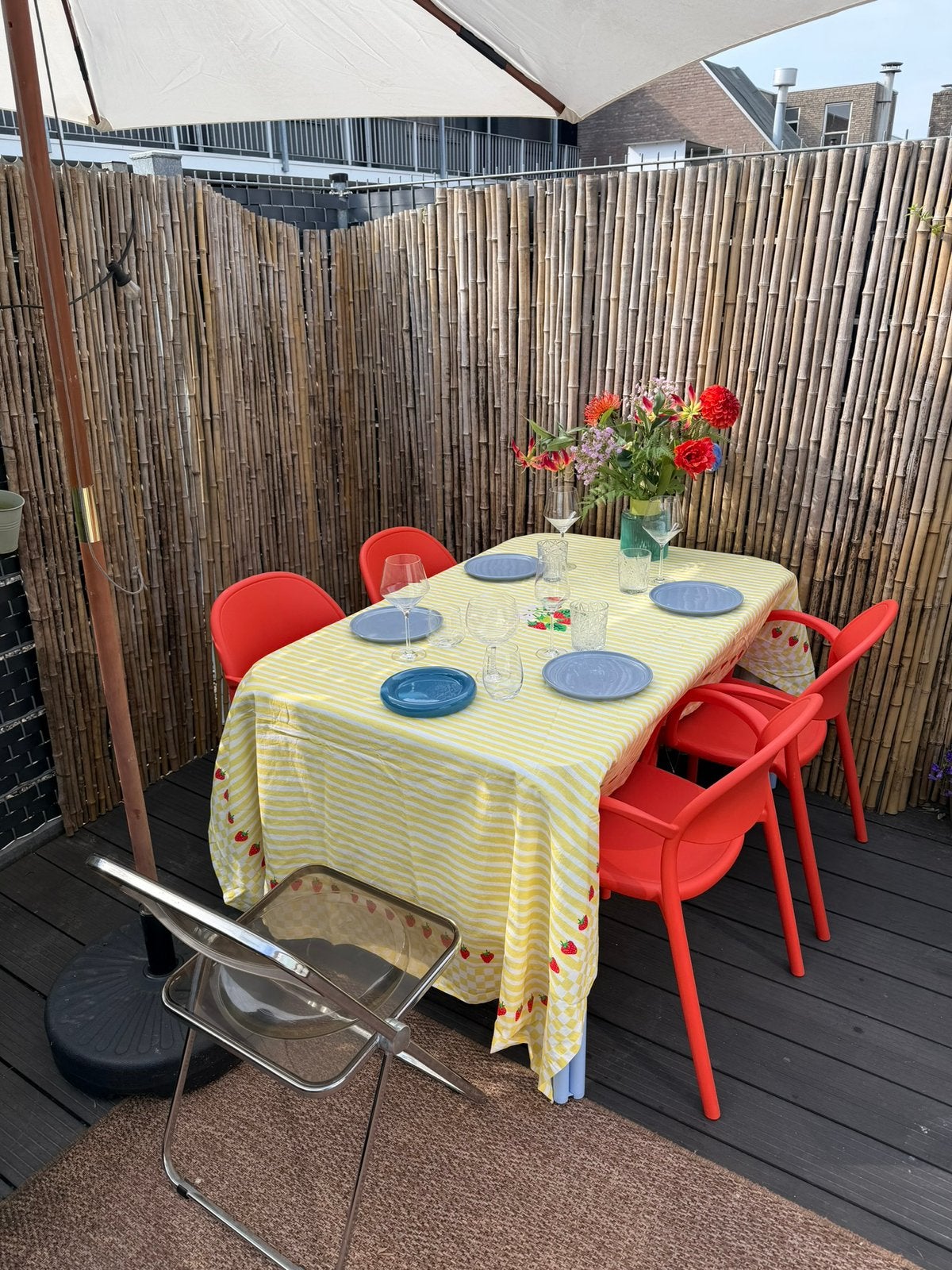 4 rode tuinstoelen garden chairs rood red eetstoelen modern, Ophalen, Kunststof, Nieuw, Vier