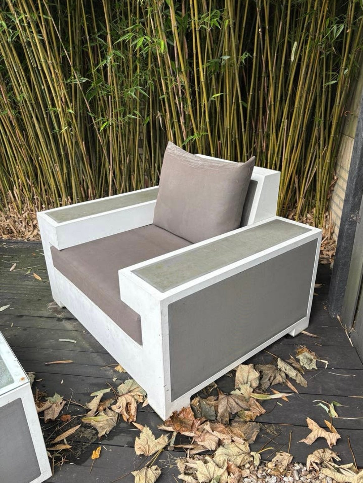 Gratis Tuin kleine bank ‘ life ‘ met kussen wit en bruin, Ophalen, Kunststof, Gebruikt, Bank