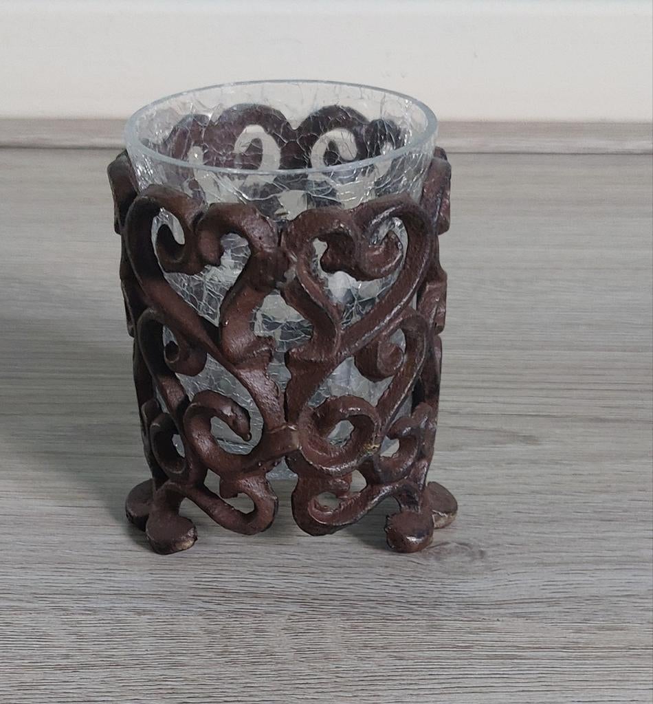 Kandelaar met metalen frame, Huis en Inrichting, Woonaccessoires | Kandelaars en Kaarsen, Ophalen, Bruin, Zo goed als nieuw, Metaal